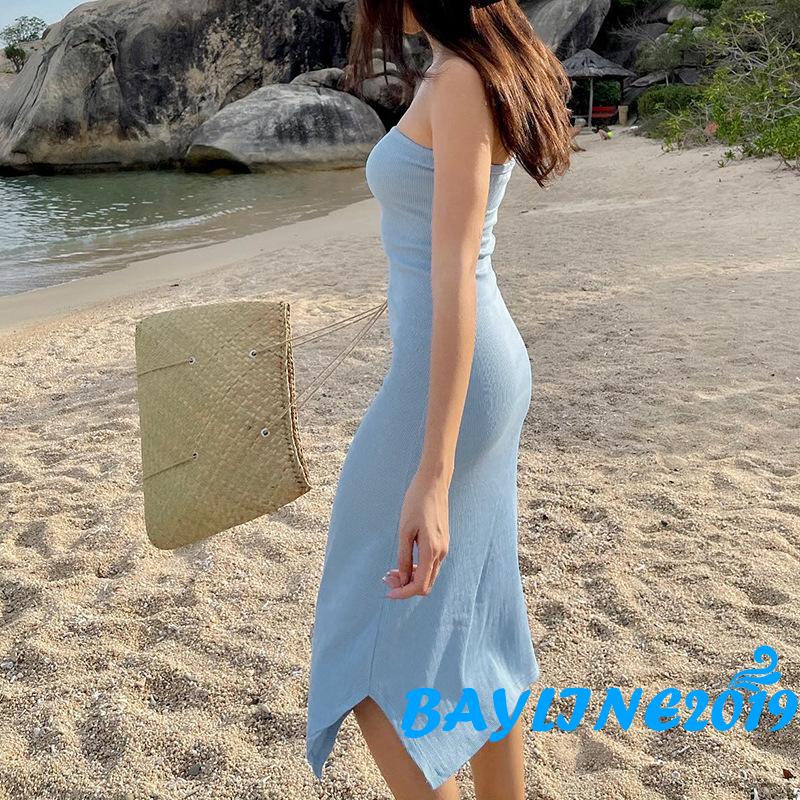 Đầm Ống Dài Không Dây Màu Trơn Thanh Lịch Thời Trang Mùa Hè Cho Nữ