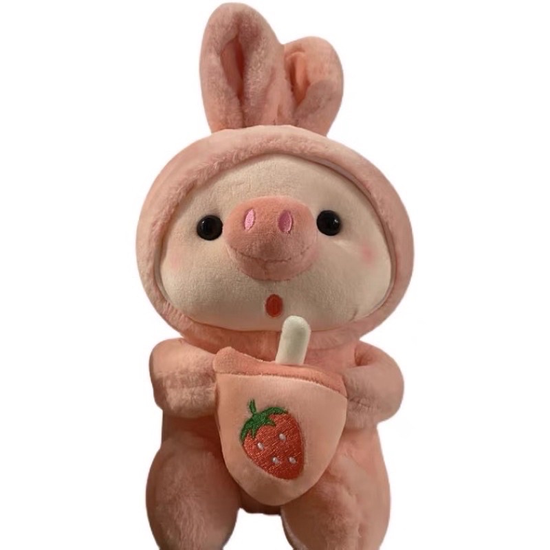 Gấu bông, thú bông heo ôm bình trà sữa mặc quần áo đáng yêu