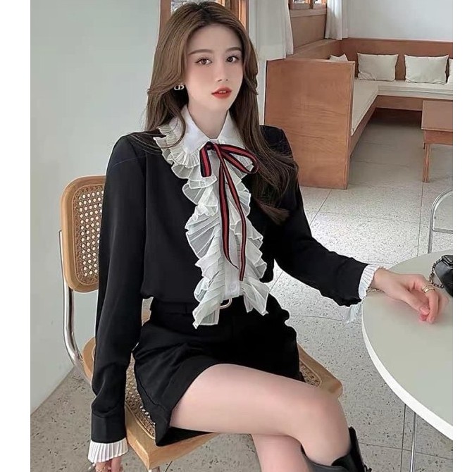Áo Sơ Mi Nơ Bèo Tiểu Thư Màu Đen Sang Trọng Lịch Sự, Áo Kiểu Nữ Phối Nơ Cổ Bèo Dập Ly Siêu Xinh