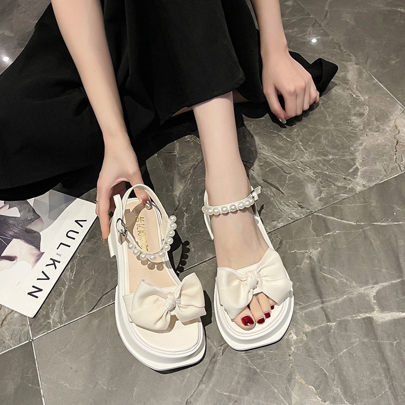 Giày Sandal Cao Gót Đế Dày Đính Nơ Phong Cách Hàn Quốc Thời Trang Mùa Hè Hàng Mới Dành Cho Bạn Nữ