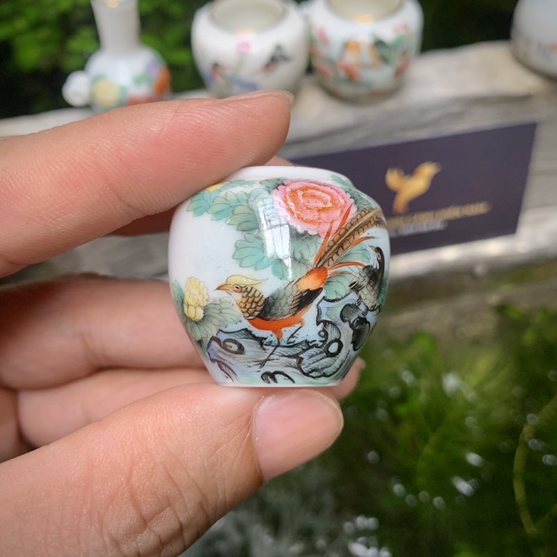 Cóng chim Khuyên/Khoen vẽ tay - CHIM HOA dáng Chum