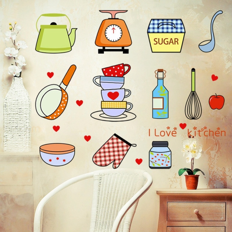 Decal Dán Tường Trang Trí Nhà Bếp Hình Dụng Cụ Nấu Ăn Ngộ Nghĩnh Kích Thước 30x45cm