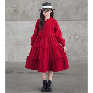 Váy xòe đỏ nhung ấm áp dài tay thu đông bé gái lớn. Size đại đầm trẻ em 6, 7, 8, 10, 11, 12, 13, 14, 15 tuổi