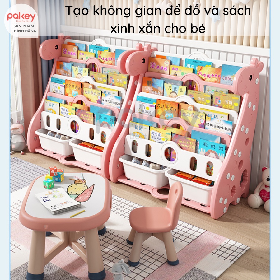 Kệ sách nhựa cho bé Pakey hình Hươu cao cổ kèm 2 khay đựng đồ chơi, giá sách cho bé nhựa nguyên sinh HDPE cao cấp