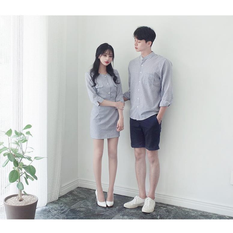 SẴN Set áo váy sơ mi đôi - Đồ đôi set áo chân váy nữ áo sơ mi nam caro thời trang Hàn Quốc AV77 YAME Couple