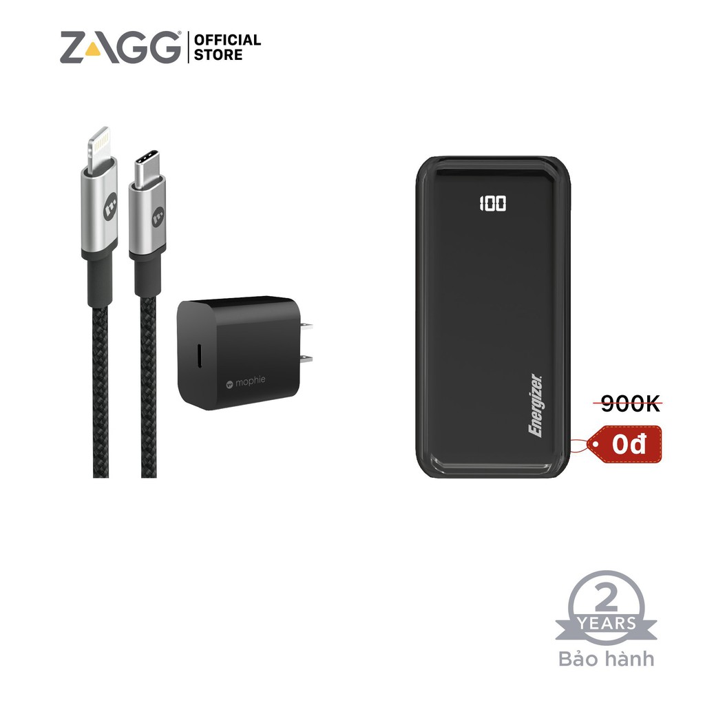Combo sạc Mophie 18w - Cáp Mophie C to Lightning 1M - Sạc dự phòng Energizer 20,000mAh