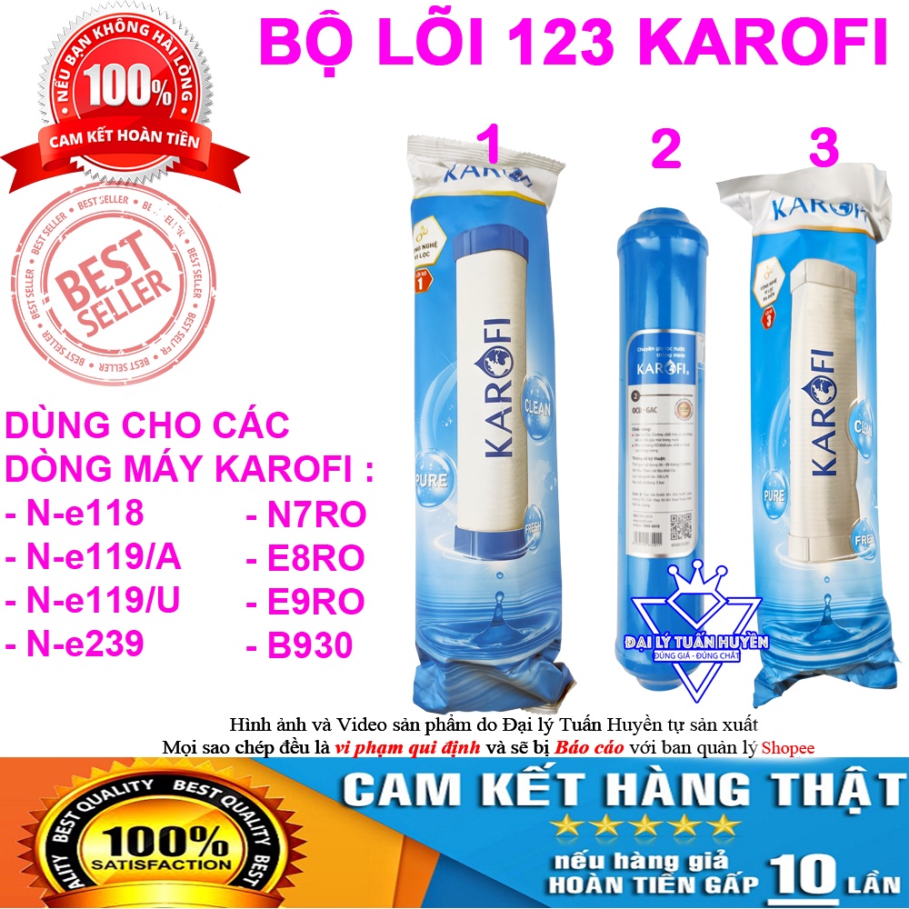 Bộ 3 lõi lọc nước karofi số 123 dùng cho model N-e118 N-e119/A N-e119/U