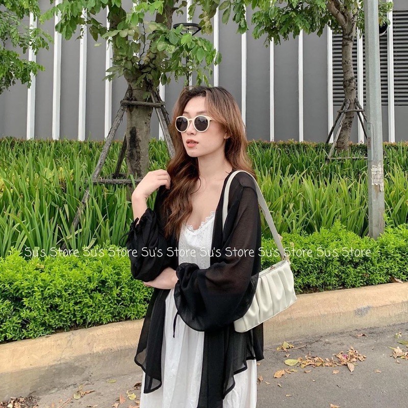 (Loại Đẹp) ÁO KHOÁC VOAN TAY BUỘC NƠ ĐEN TRẮNG🦋 ÁO CARDIGAN MỎNG KHOÁC NGOÀI XInh Xắn🦋 Nasu may🌸