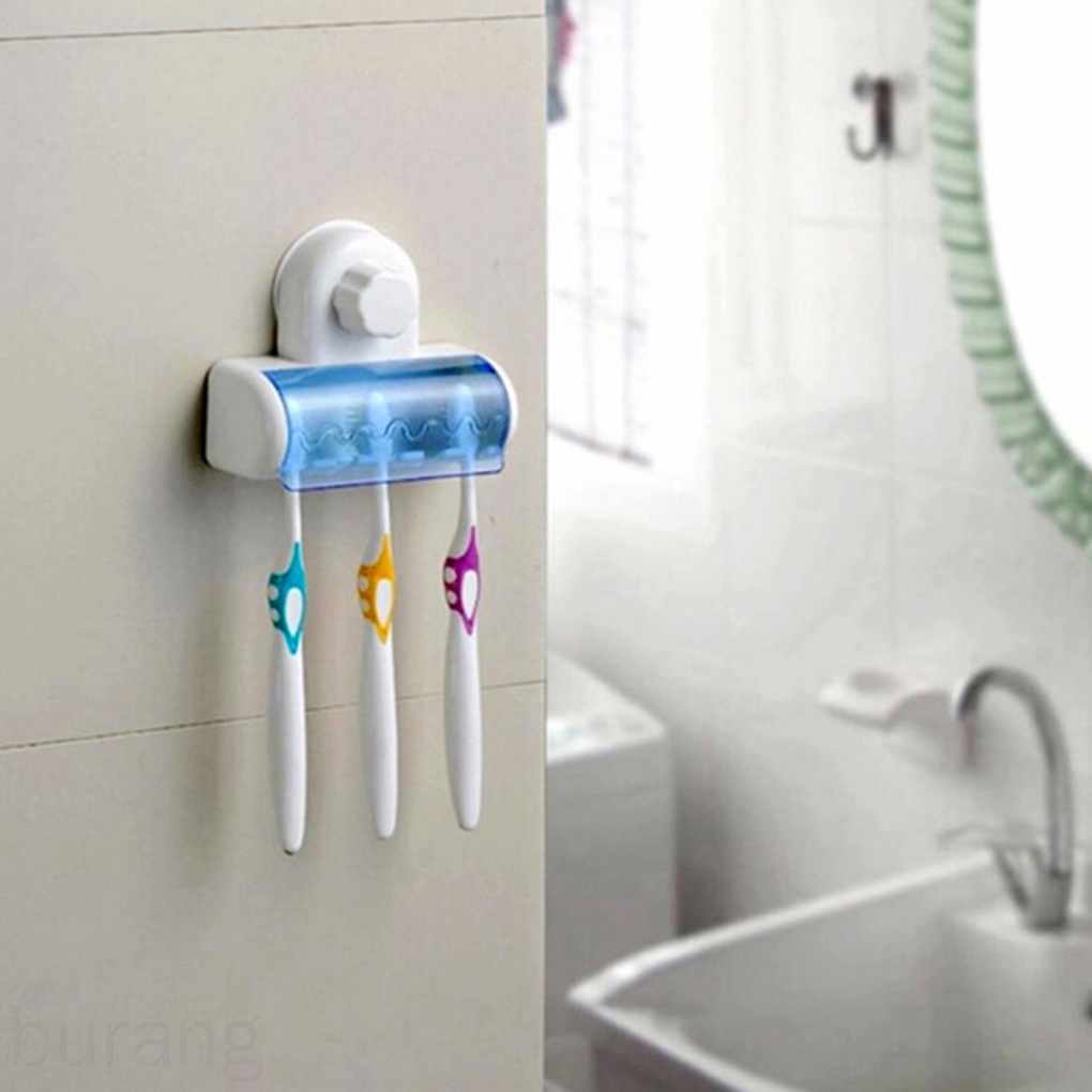 Giá đỡ bàn chải đánh răng 5 ngăn bằng nhựa có giác hút gắn tường có nắp chống bụi
