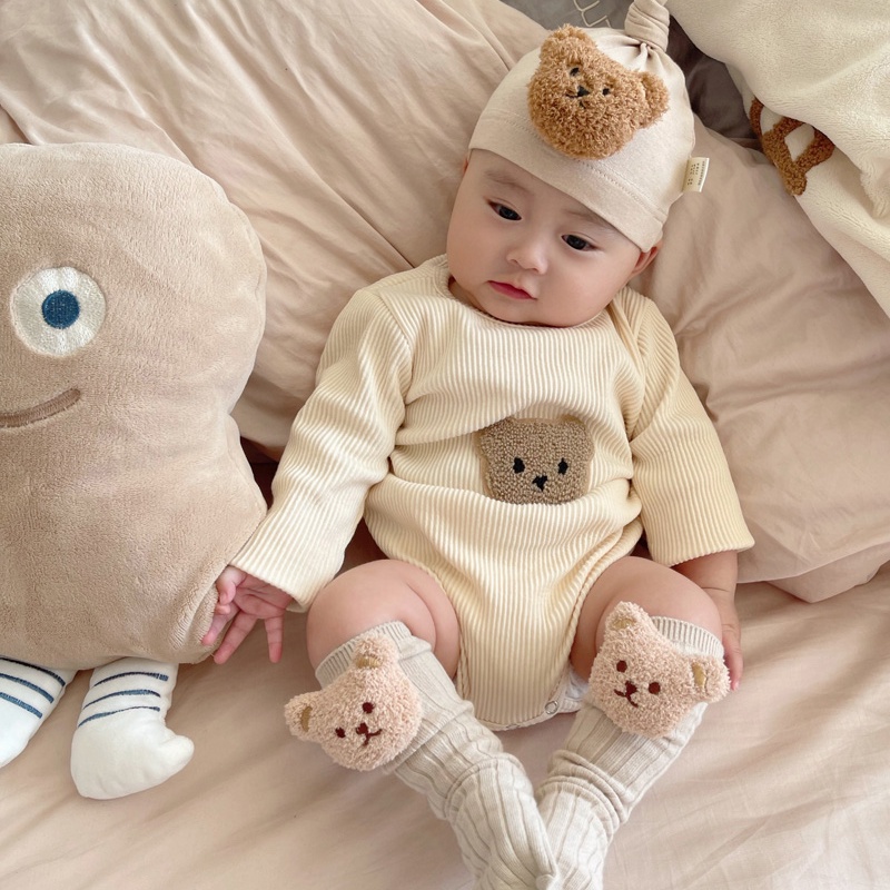 Bộ Áo Liền Quần Tay Dài In Hình Gấu Dễ Thương Cho Bé Sơ Sinh Từ 0-2 Tuổi