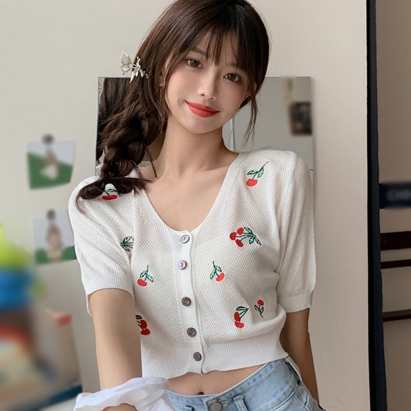 Áo Cardigan Ngắn Tay Thêu Hình Trái Cherry Xinh Xắn Dành Cho Nữ