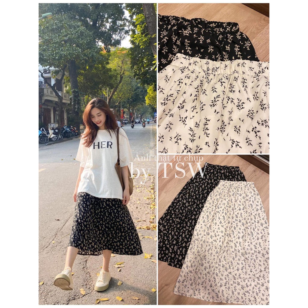 Chân váy voan nữ 2 lớp dáng dài cạp chun hoạ tiết hoa nhí - The Sweater Weather