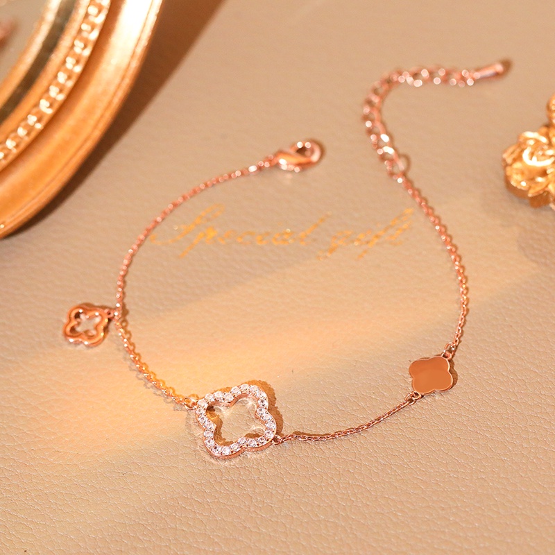 [Jiudolan] Vòng Tay Thép Titan Lên Màu Nhanh Hình Cỏ Bốn Lá Đính Kim Cương Thời Trang Cho Nữ