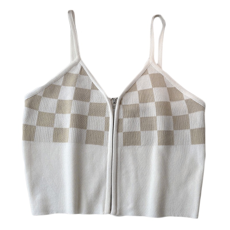 Áo Croptop Hai Dây Dệt Kim Cổ Chữ V Họa Tiết Sọc Caro Phối Khóa Kéo Thời Trang Cho Nữ