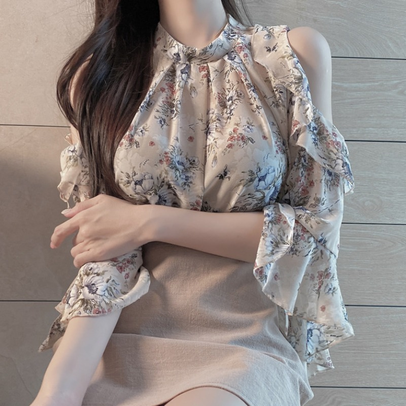 Áo Hoa Tay Loe 168550 Áo Chiffon Trễ Vai Dáng Rộng Phong Cách Phương Tây Thời Trang Cho Nữ