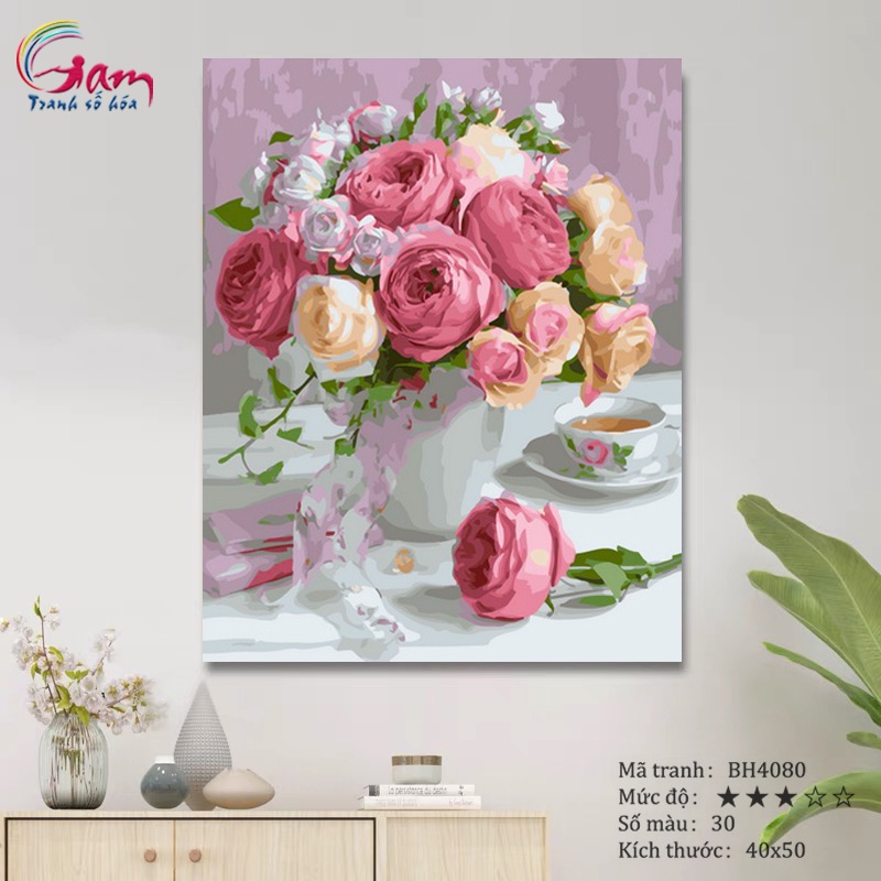 Tranh sơn dầu số hóa tự tô màu theo số Gam Bình Hoa Hồng dày 2.5cm căng khung 40x50cm BH4080