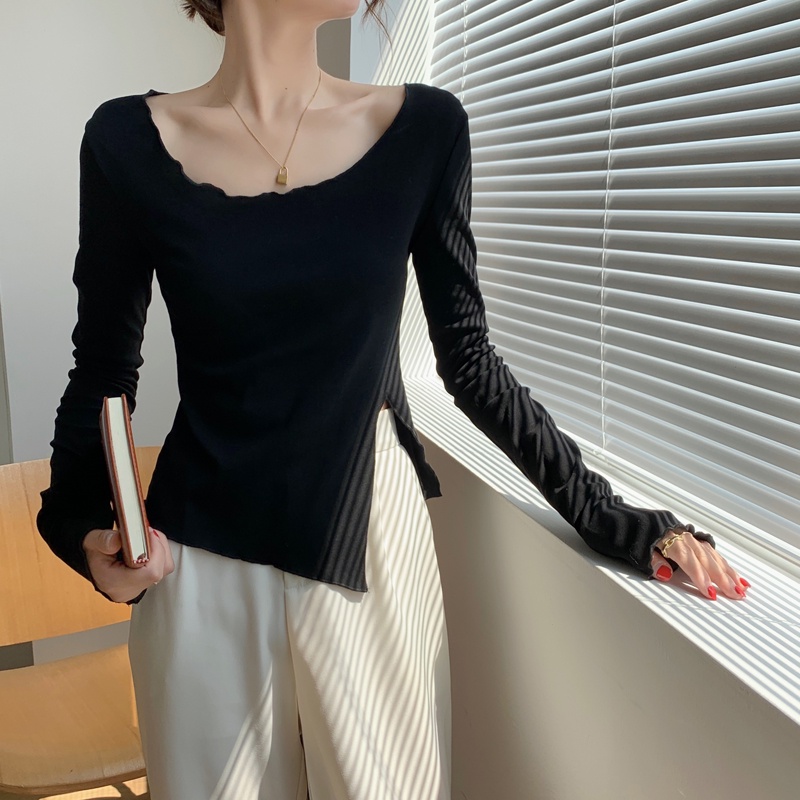 SUA001 Áo thun body Ulzzang xẻ vạt chéo cổ thuyền Áo phông trơn xám đen trắng dài tay dáng ôm lệch tà nữ tính Hàn Quốc