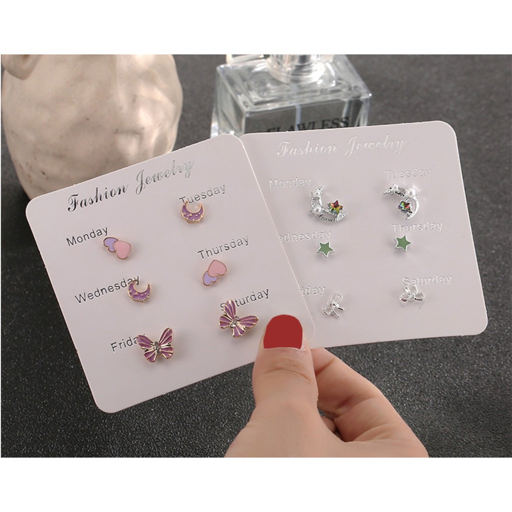 Set 3 Bông Tai Hạ Băng Designs Hoạ Tiết Ngôi Sao Đính Đá Phong Cách Hàn Quốc