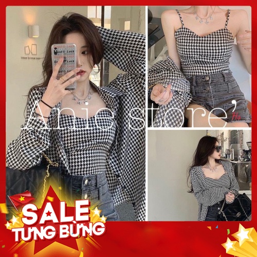 Bộ Áo Sơ Mi Áo 2 Dây Kẻ Ô Vuông 🦋 Set Áo Khoác Nữ Kèm Áo Ngắn 🦋