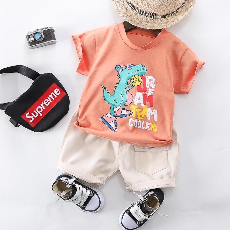 Boy phù hợp với bé quần áo cậu bé 0-4 tuổi mẫu boy phim hoạt hình khủng long T-shirt + quần short 2 mảnh bộ