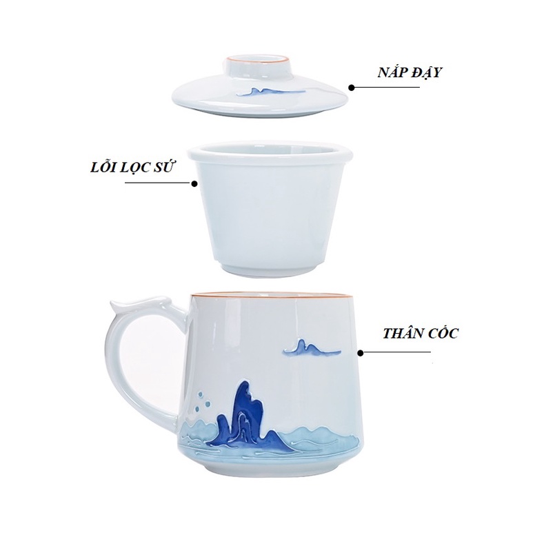 Ly cốc sứ pha trà có lõi lọc và nắp đậy dung tích 430 ml