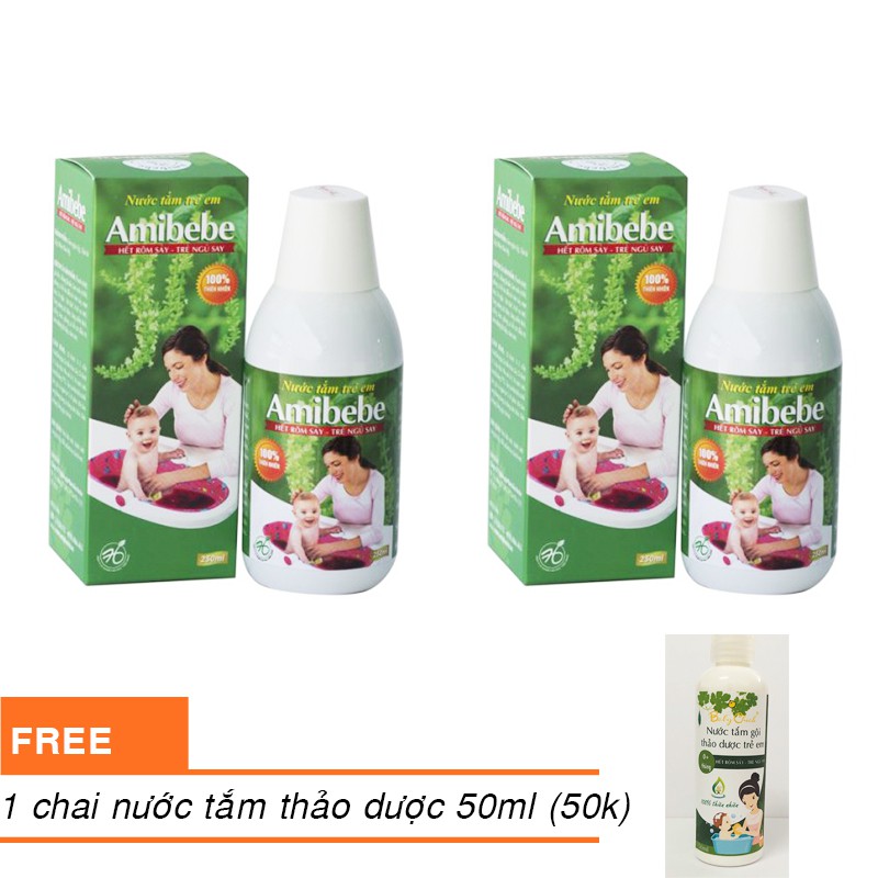 Bộ 2 chai nước tắm chống rôm sẩy Amibebe 250ml TẶNG 1 chai nước tắm thảo dược 50ml