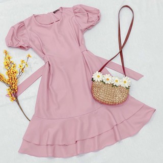 Đầm váy freesize hồng tầng thắt eo