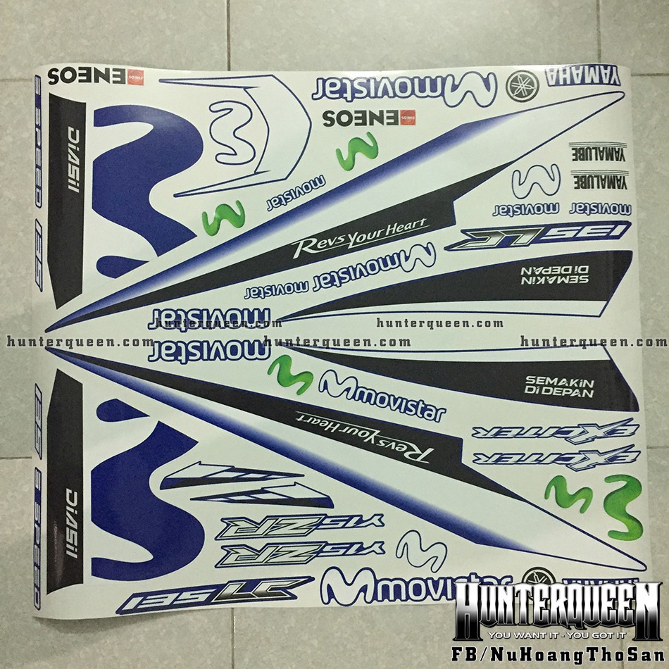 Tem rời Movistar 135, dán xe Exciter 2011-2014 xanh bửng trước trắng