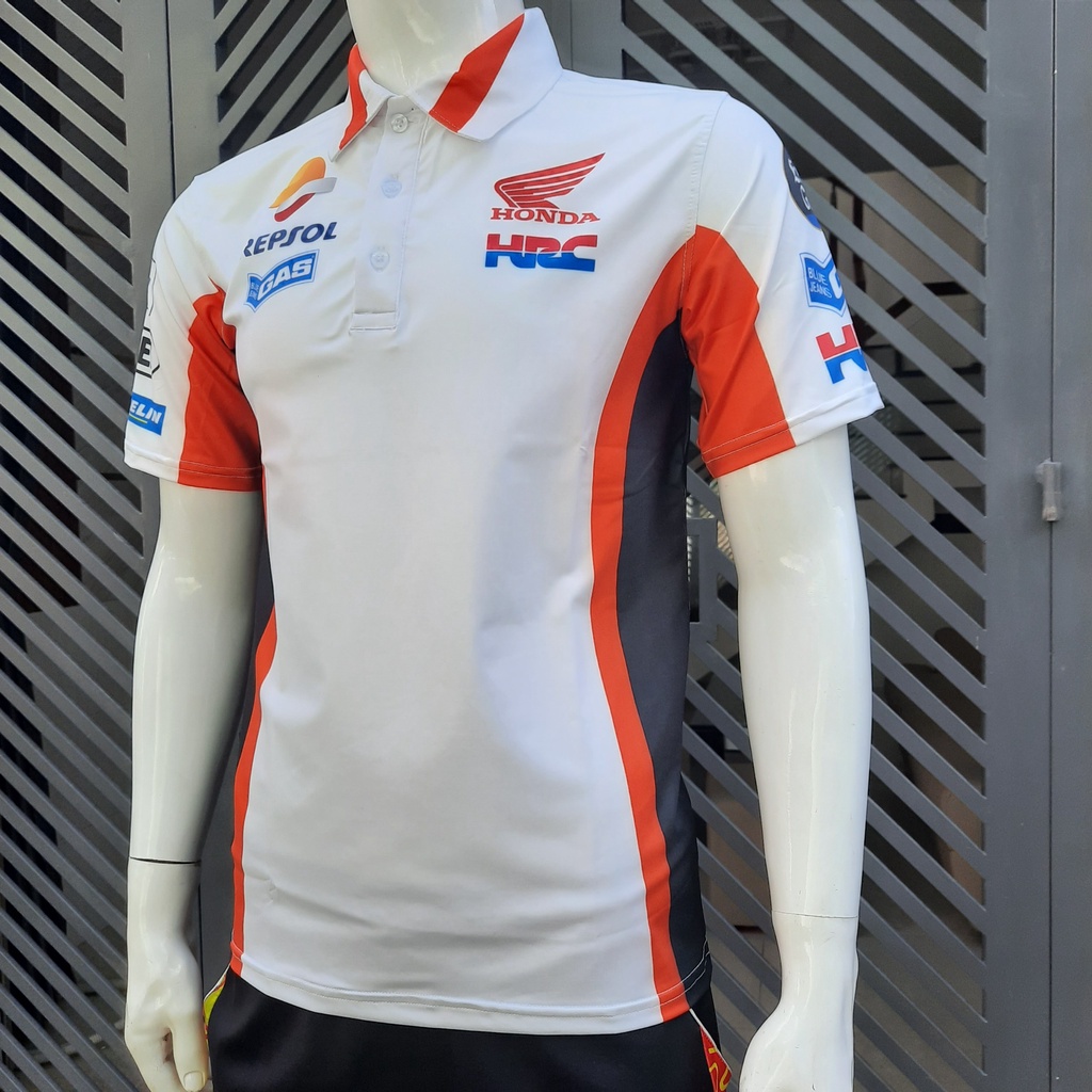 Áo thun tem xe Honda Repsol trắng CỔ TRỤ  - chất thun lạnh co dãn 4 chiều
