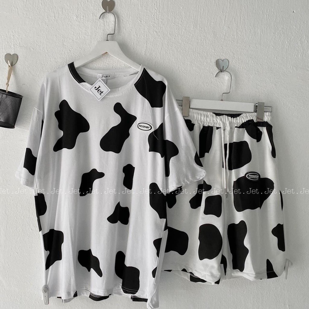 Set quần sooc đùi áo thun cộc tay bò sữa dáng rộng unisex/ Bộ đùi nữ mặc nhà thời trang hàn quốc_ranstore | BigBuy360 - bigbuy360.vn