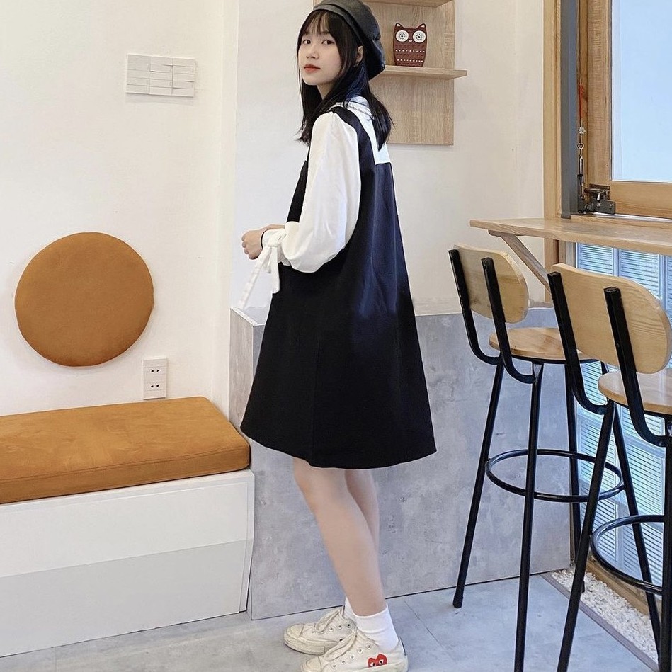 Đầm chữ A tay pha màu trắng - Váy Yếm Thiết Kế Tay Nơ Hàn Quốc