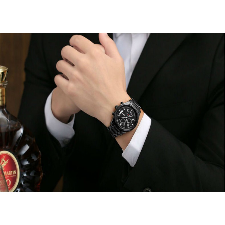 Đồng Hồ Nam 6 Kim,Dây Thép Không Gỉ, Kính Sapphire Cao Cấp Kinyued (Đen)