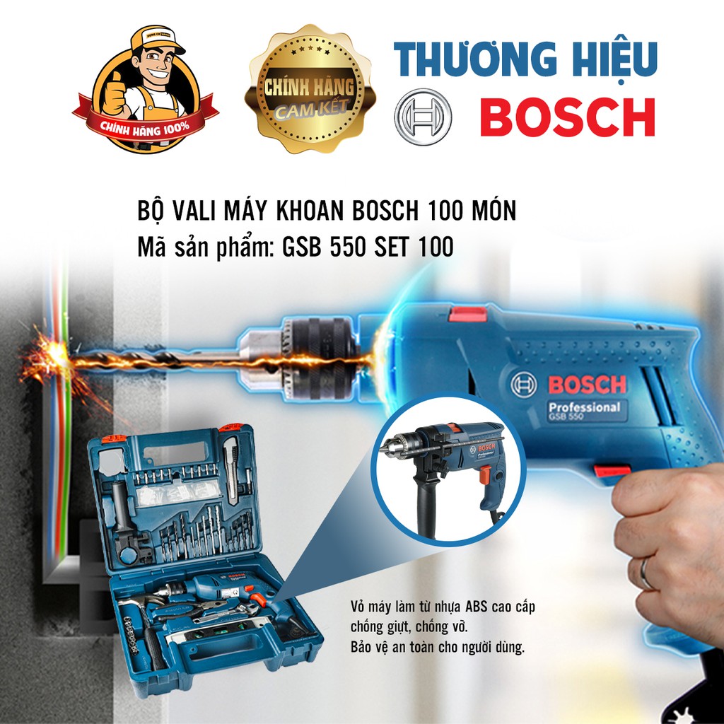 Máy khoan cầm tay Bosch chính hãng gsb550,Khoan bê tông 13mm vali 100 chi tiết.