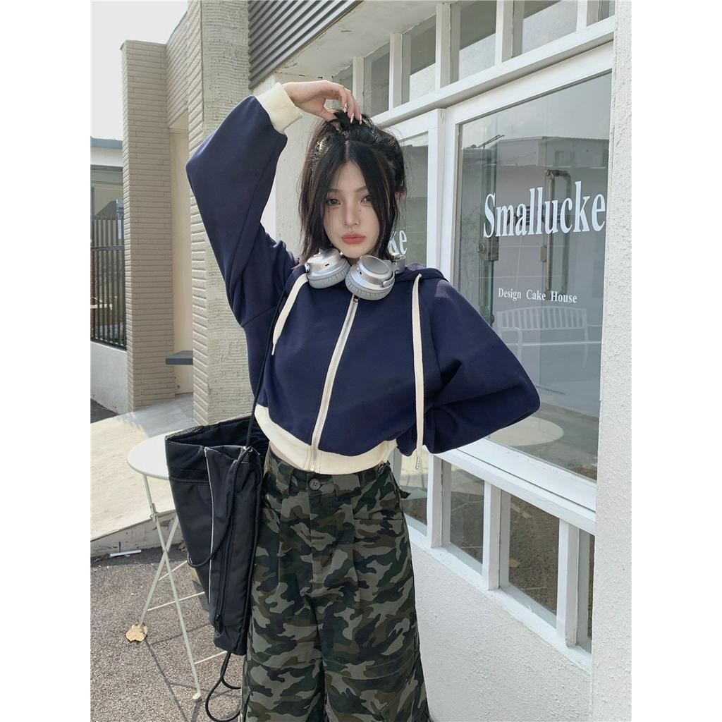 68375 Áo Hoodie Ngắn Dây Rút Áo Nỉ Phụ Nữ Áo Rời