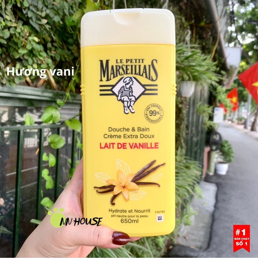 Sữa tắm dưỡng thể Le Petit Marseillais hương vani dưỡng ẩm da, dưỡng da từ thiên nhiên, làm sạch da, bio, hữu cơ