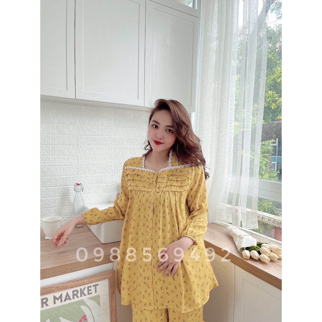 BỘ BẦU VÀ SAU SINH DÀI TAY CÓ MỞ CÚC CHO BÉ TI CHẤT TƠ HÀN HOA NHÍ