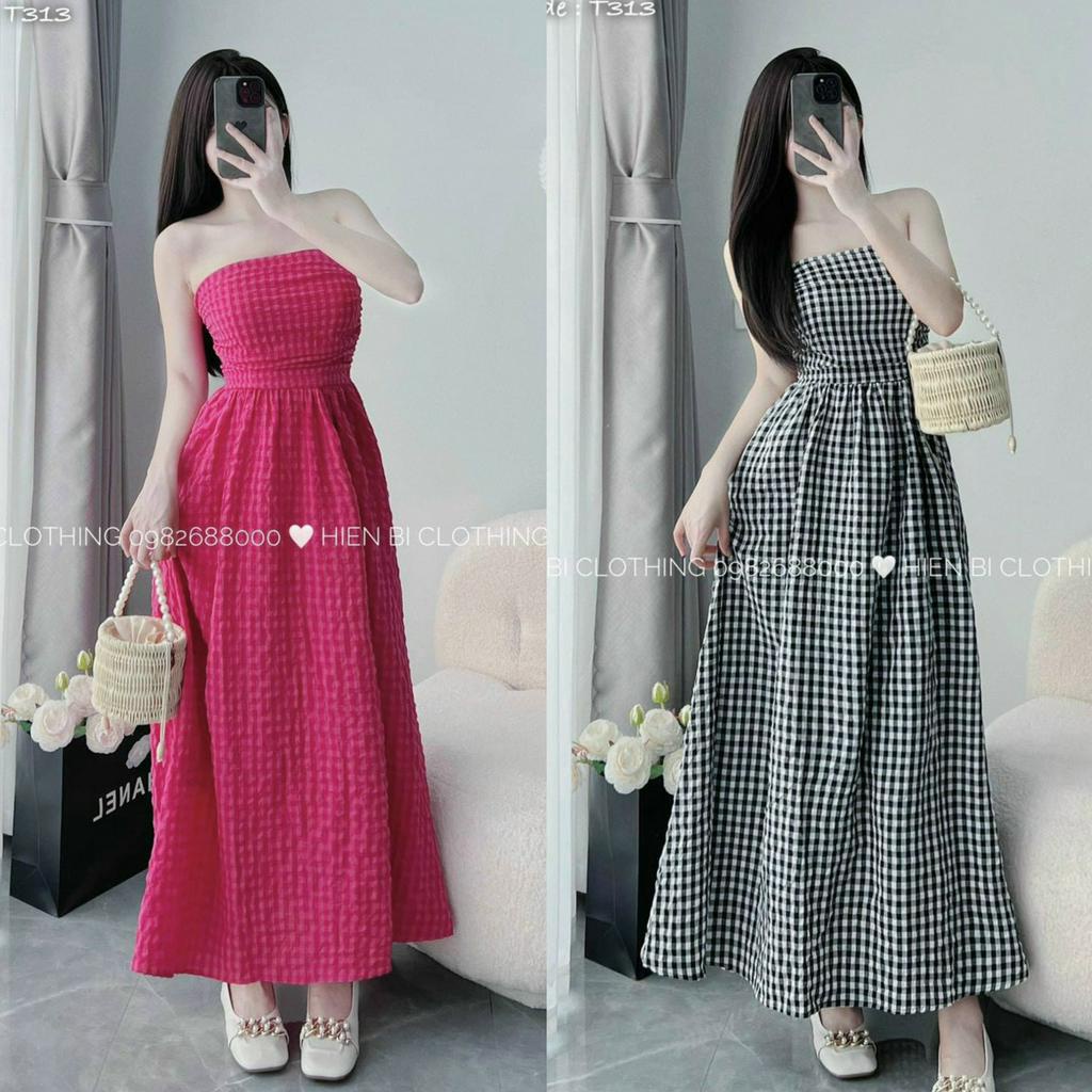 Đầm cúp ngực kẻ caro chạy mocking thân sau dáng thân dài xòe với 2 tone màu sang chảnh cho các tình yêu đi dự tiệc