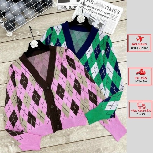 Áo Cardigan Dệt Kim Tay Dài Cổ Chữ V Họa Tiết Hình Thoi Quả Trám Phong Cách Hàn Quốc thời trang nữ yolo fashion