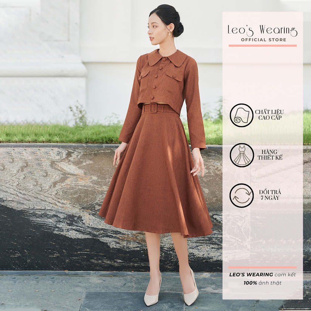 Set váy công sở nữ LEOSWEARING chân váy xòe có túi kèm thắt lưng mix áo sơ mi tay dài mặc đầm dự tiệc vay công sở D32 -