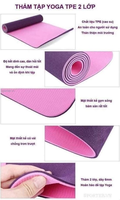 THẢM YOGA 2 LỚP XỊN ĐẸP( dày 6mm-kt: 183x61cm)
