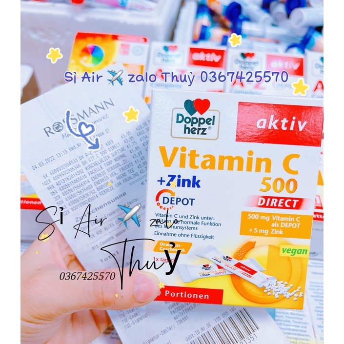 (Sỉ ✈️ đủ bill) Vitamin C 500 + Zink hộp 20 gói của Đức