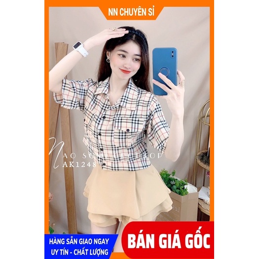 Áo sơ mi nữ phom croptop phối sọc BBR chất vải mềm mịn dễ thương  Áo kiểu nữ AK1248