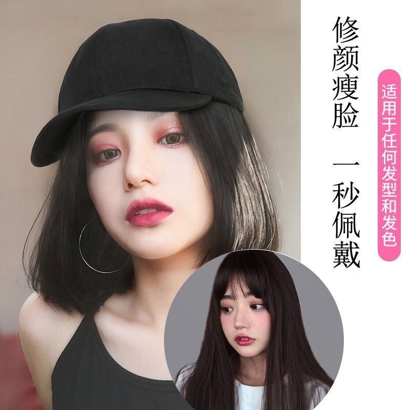 Tóc giả♗◐hat wig integrated fashion short curly hair spring and summer trend caps wave bob net red clavicle full hood style