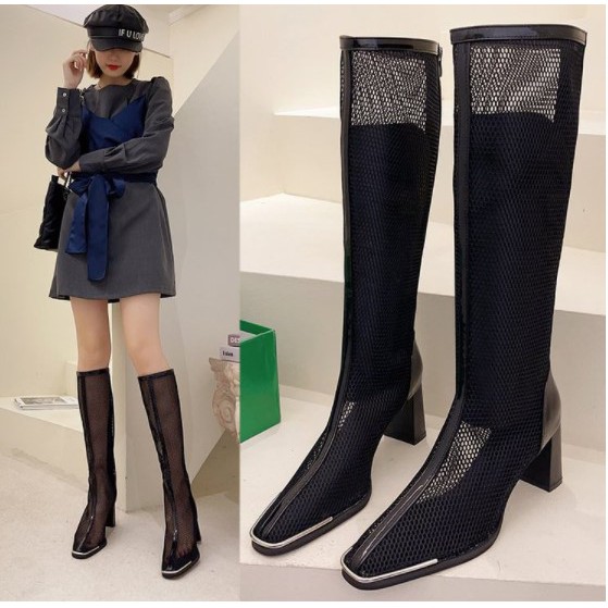 Bốt đùi nữ lửng dưới gối da bóng khoá cạnh mũi viền bạc gót trụ, bốt đùi nữ lưới cao gót 9p gót vuông mũi bạc full box | BigBuy360 - bigbuy360.vn