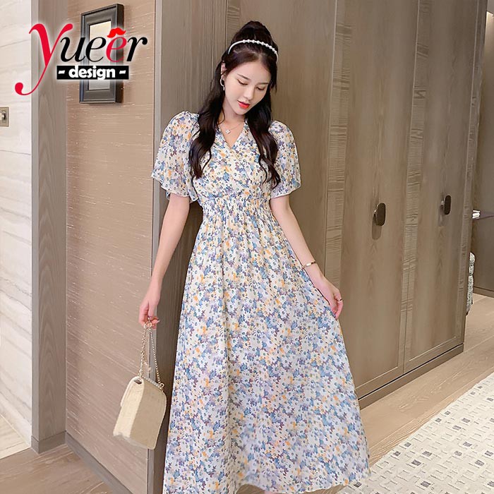 Đầm Voan Hoa Dáng Dài Cổ V Kiểu Vintage Pháp Thanh Lịch Size S-3Xl