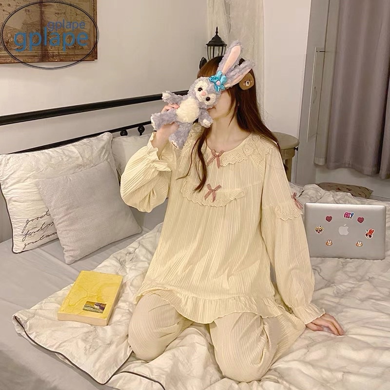 Bộ đồ ngủ nữ dài tay phối bèo bo chân style siêu dễ thương | BigBuy360 - bigbuy360.vn