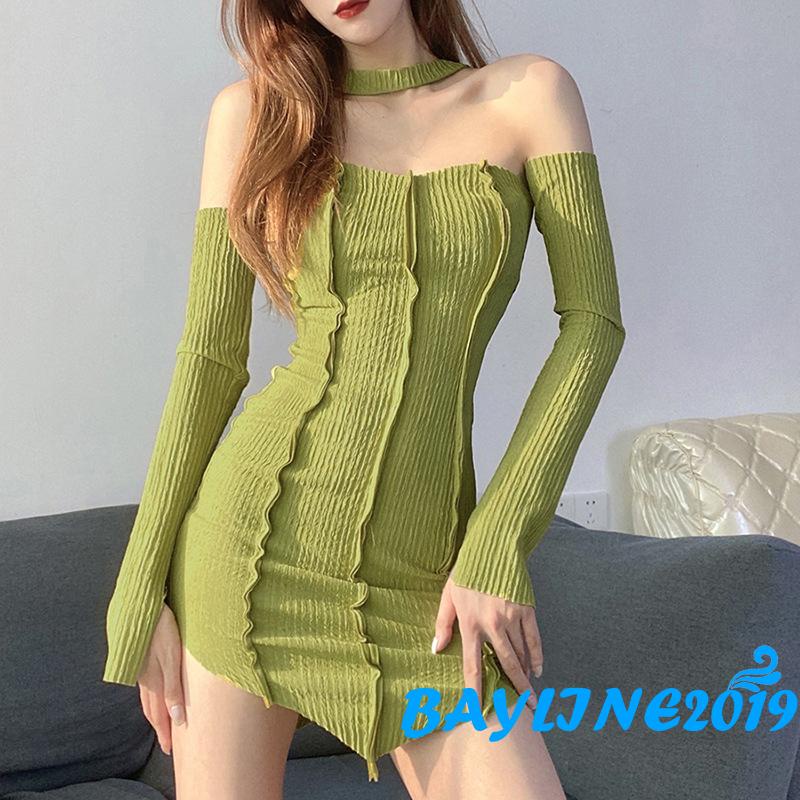 Đầm Dài Trễ Vai Tay Dài Màu Trơn Thời Trang Mùa Hè Cho Nữ