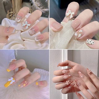 [Hàng mới về] Set 24 móng tay giả ngắn đầu vuông nhiều hoạ tiết xinh xắn tuỳ chọn kèm keo dán