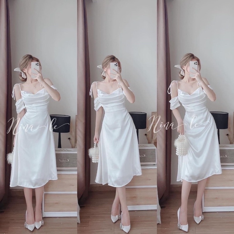 Đầm midi lụa 2d cổ đỗ rớt vai xếp ly ngực MT