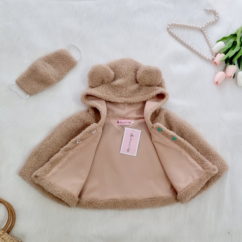 Áo choàng mùa đông cho bé Nina Kids Boutique Áo khoác lông tai gấu Cánh dơi Kèm khẩu trang Màu be Size 5kg đến 13kg